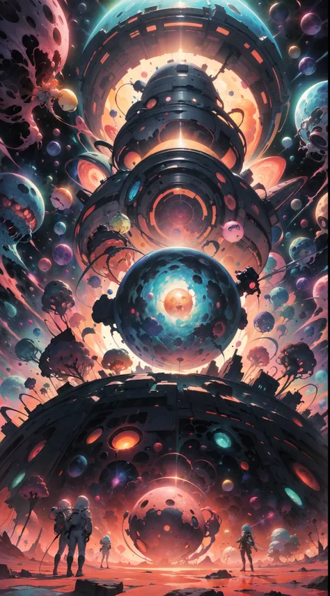 (Geometric emoji blending:1.35),planetes,black hole,Close-up of astronauts in spacesuits floating on a spaceship surrounded by p...