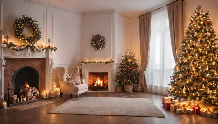 RAW photo, best, masterpiece, best quality, high quality, extremely detailed, Christmas tree with gifts and a fireplace in a roo...