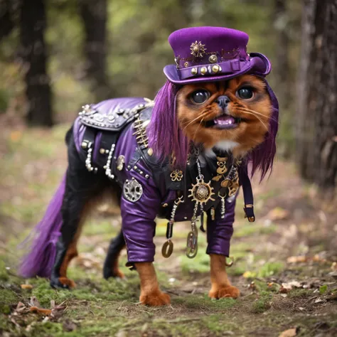 persian cat Anthropomorphic, steampunk ,, , studded leather jacket with intricate ornamentation orange and purple , pirate steam...