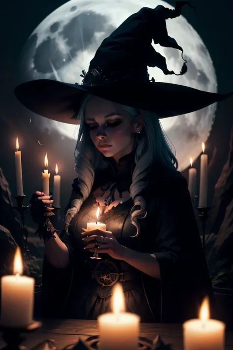 Witching Hour Ritual: An image of a witch silhouette against a full moon, surrounded by magical symbols, herbs, and glowing cand...