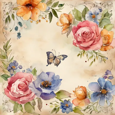 "Vintage love letters on aged paper, adorned with delicate vintage flowers, immersed in the gentle strokes of a watercolor paint...