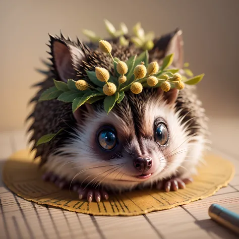 hedgehog kawaii chibi pins and needles has an apple ,unreal engine, hyperrealistic, beautiful, fantasy, ornate, close-up, cgscoc...