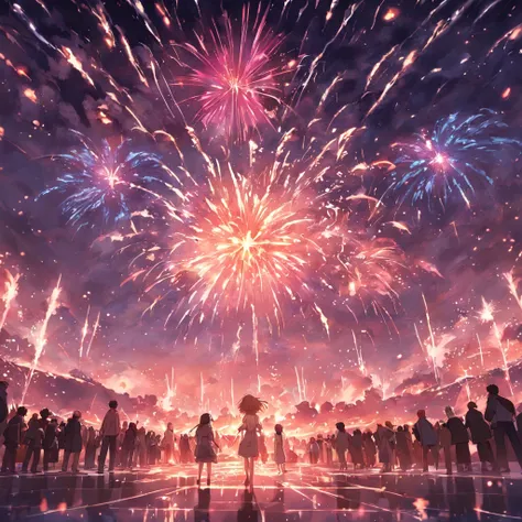 In the vast night sky，(Brilliant fireworks:1.3)Bursting with colorful light，Bloom in an instant(Beautiful picture:1.2)。Peoples e...
