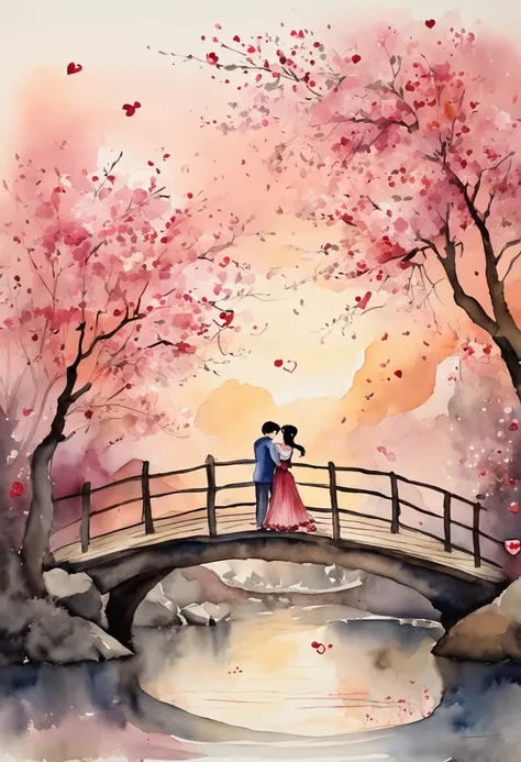 Tanabata Valentines Day romantic poster，Close-up of a man and a woman kissing on a wooden bridge，Peach blossoms bloom on both si...