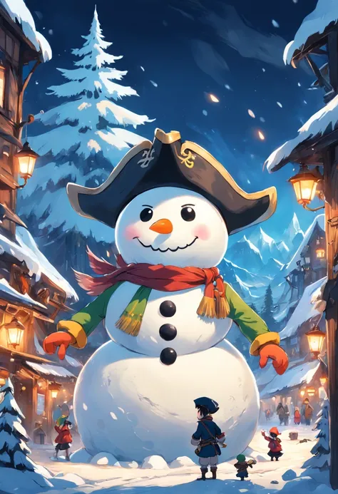 "Image: Captivating winter wonderland, with a snow-covered plateau, enchanting villages adorned with vibrant lights. Two mischie...