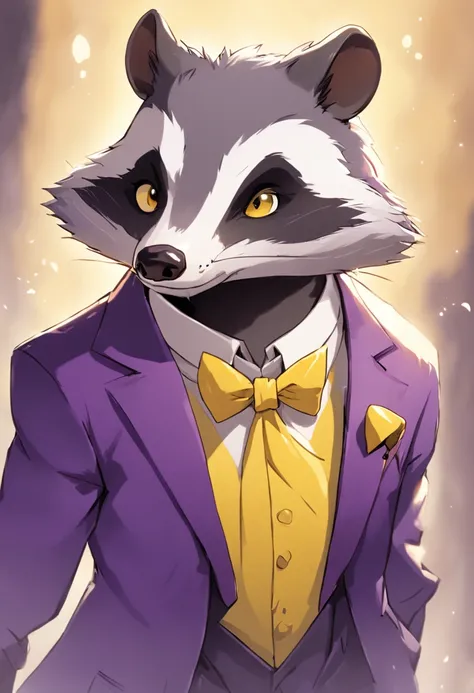 Theres a cartoon gangster badger with a yellow bow tie and a yellow purple tuxedo, anthropomorphic badger, inspirado por Joseph ...