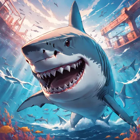 Great white shark，cartoony