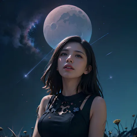 (Absurd, Cinematic, nffsw, Haute, ultra-detailliert, ultra-detailliert), Woman looking up at the sky, upper body closeup, Dark p...
