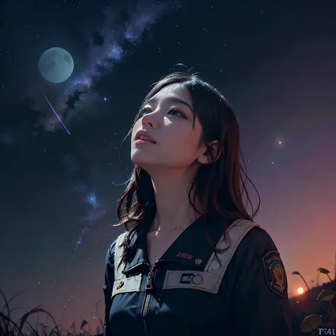 (Absurd, Cinematic, nffsw, Haute, ultra-detailliert, ultra-detailliert), Woman looking up at the sky, upper body closeup, Dark p...