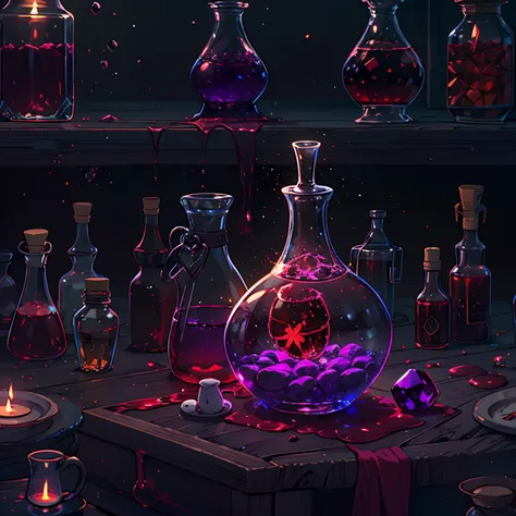 A single mysterious glowing potion sitting on the table in a dark room, blood-red liquid, purple gemstone, illuminating it