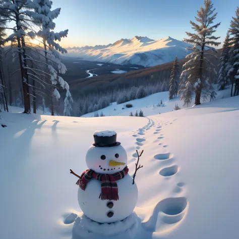 View of snowman with winter landscape and snow summer