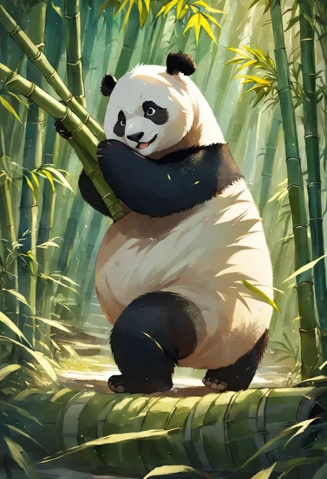 um panda peludo bonito brincando com uma abelha fofa em clareiras de bambu ensolaradas, Warm light filters through the foliage. ...