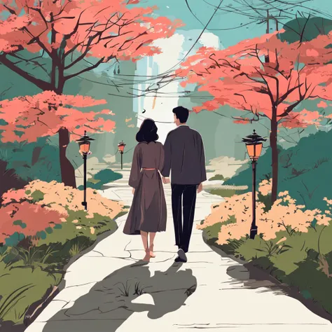 A romantic couple walking together in a Japanese spring garden, Garota estatura baixa ela tem cabelo castanho e o Garoto Alto el...