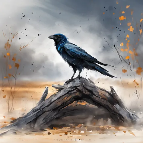 Two crows on a dead tree, A shadow shaped like a walker, Starry night, Thick fog on the ground, Blue light on the horizon, Unrea...