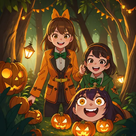 (Best Quality, High Quality:1.3), CG, Dramatic Lighting, Highly Detailed, Bokeh, 15 Year Olds, Wearing Halloween Costumes, Evil ...
