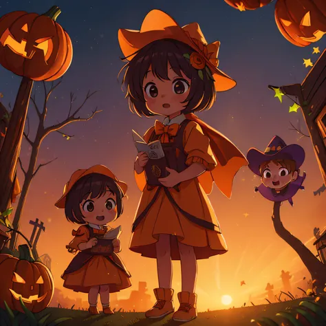 (best quality, high quality:1.3), CG, dramatic lighting, highly detailed, Bokeh, KIDS WEARING HALLOWEEN COSTUMES, at the BEAUTIF...