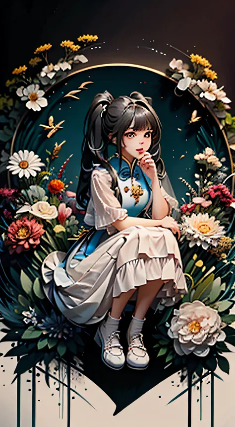 girl,full body,(detailed face:1.2), masterpiece, fashion,chinese dress,, medium hair, black hair, twintails, blunt bangs, brown ...
