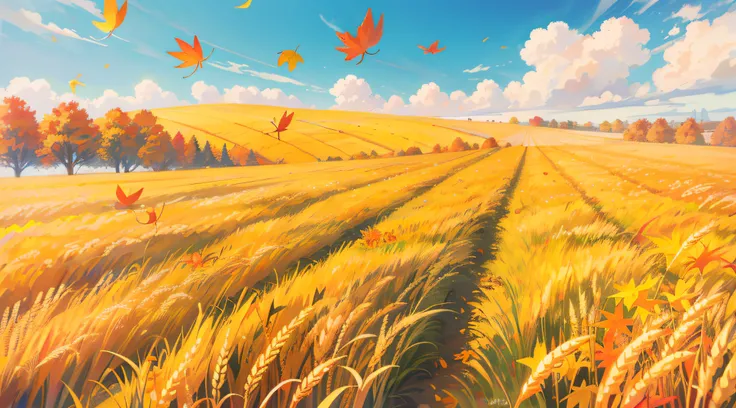 and the sun was shining brightly，autumnal，wheat field，balmy autumn day，amarelo，falling leaf，flying birds,No Man
