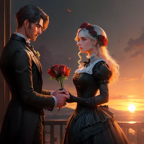 A handsome man giving a red rose to beautiful woman, both wearing victorian gothic steampunk clothes, intricate costume design, ...