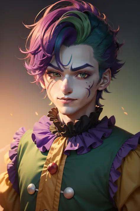 Clown avatar，Close-up of the head，Only head and shoulder positions are shown，ember，Wallpapers，Anime handsome boy，Green hair，Purp...