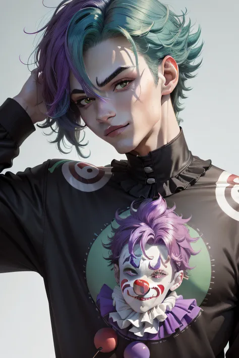 Clown avatar，Close-up of the head，Only head and shoulder positions are shown，ember，Wallpapers，Anime handsome boy，Green hair，Purp...