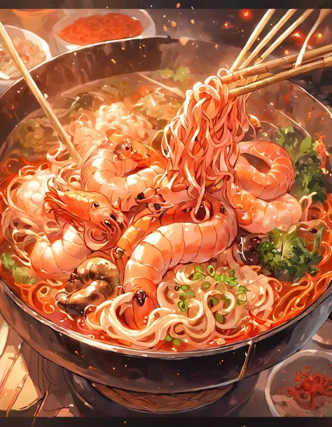 delicacies，Illustration style，Tempting appetite，autumnal，Autumn light close-up spicy noodles、White noodles、Thin noodles、Noodles ...