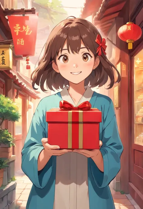 Girl holding gift box，frontage，Happy expression，Chinese illustration,Flat illustration
