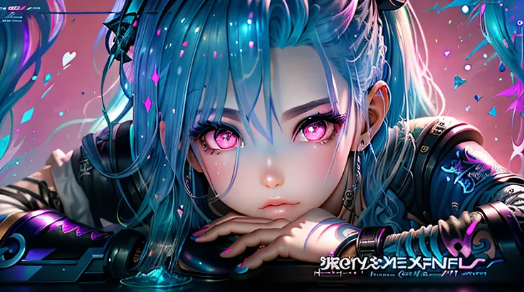 Close up of a person with blue hair and pink background, Playful and cute，There is a little meat toot，Delete the following words...