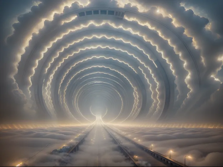 Hyper realistic photograph a dystopian city street in heavy fog and thick mist almost like it is in the clouds, (((mist1.5))), f...