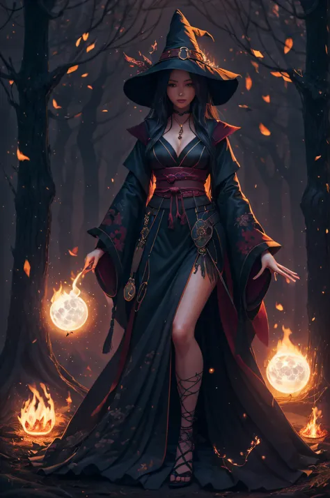 witch with a glowing spell in her hand ,beautiful japanese witch, full body, seductive body, mini skirt, floating coat,beautiful...