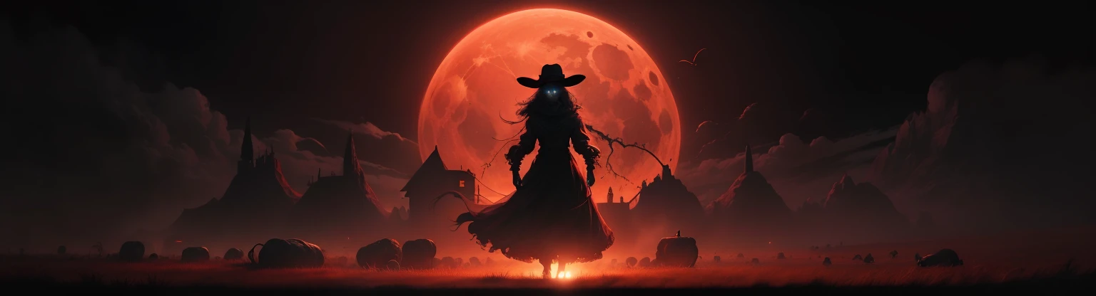 Depict a haunting scarecrow standing menacingly before a time-worn barn, surrounded by a sea of towering corn stalks under the o...