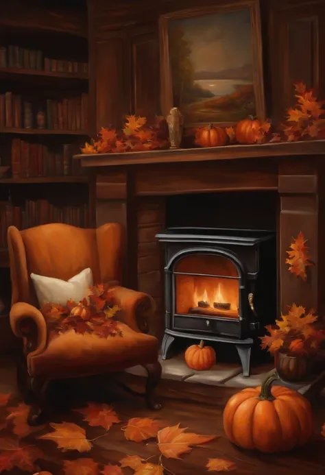 An oil painting of a cozy scene of a fireplace, a bookshelf, and a cup of hot chocolate, with a few fall leaves and one pumpkin ...