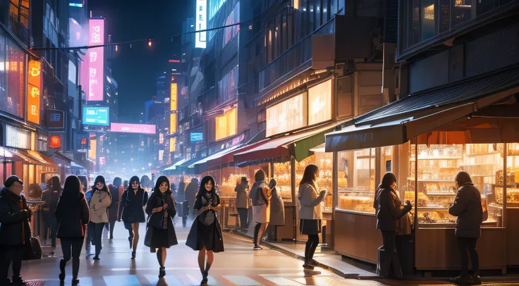 A bustling cityscape pulses with vibrant energy under the neon-lit night sky. Skyscrapers tower overhead, their glass facades re...