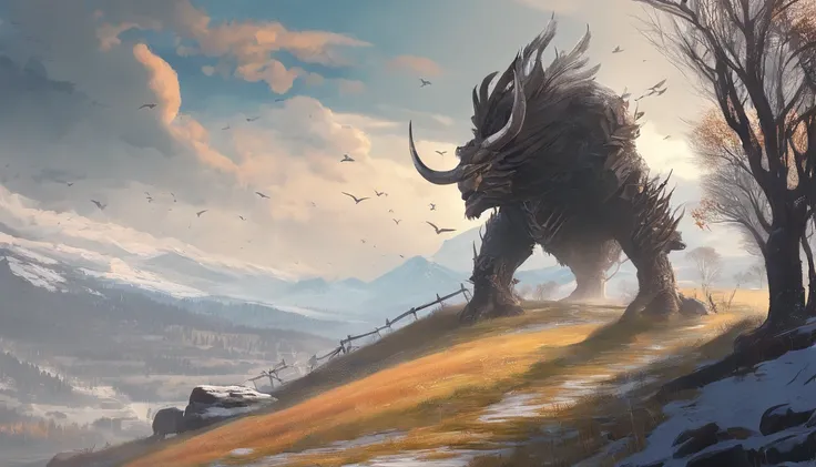 There is a ruins in the distance，A large group of Minotaur monster enemies，Medieval landscape，Fantastical，4K，best qualtiy，primit...