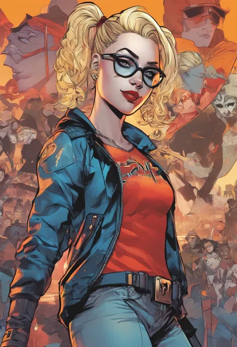 Young Harley Quinn from dc comicYoji Shinkawa Phoenix in the background style with bright gold ,black man with glasses and shave...