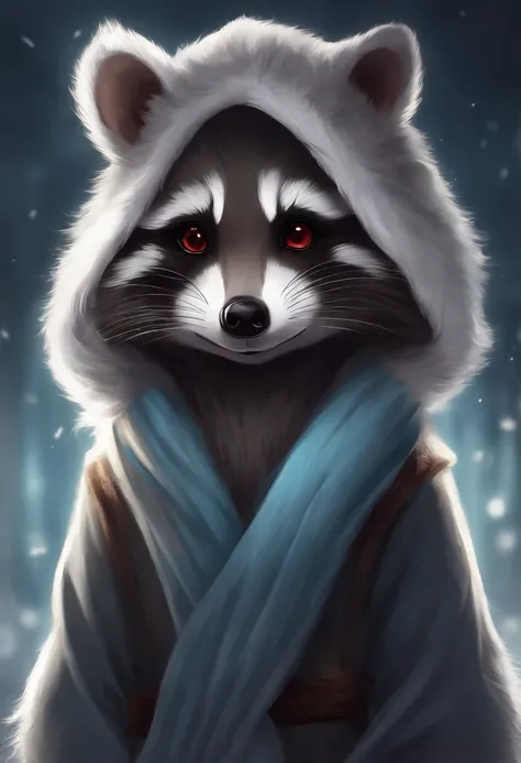 Anime raccoon with white skin and black sclera red eyes wearing a scarf, Retrato de personagem peludo, guaxinim anime, arte pelu...