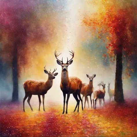 (best quality,masterpiece:1.2),soft focus,bright gradient watercolor,dreamy,white background,Nara Temples,deers
