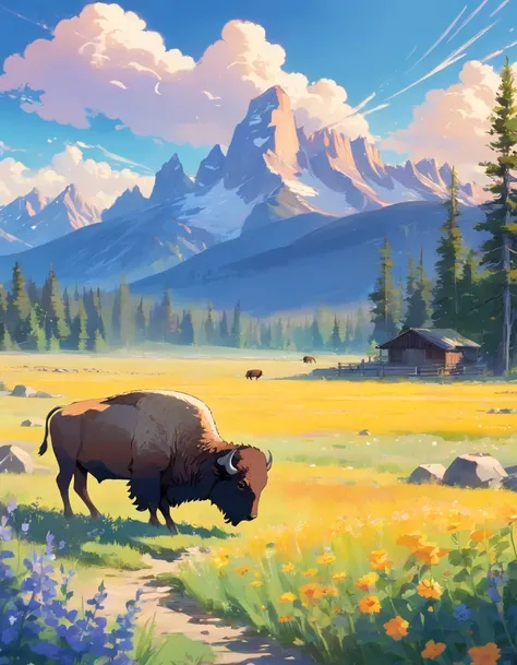 Wyoming landscape, poster vibe, no people, pallet knife and brush stokes, state flower, state bird, buffalo