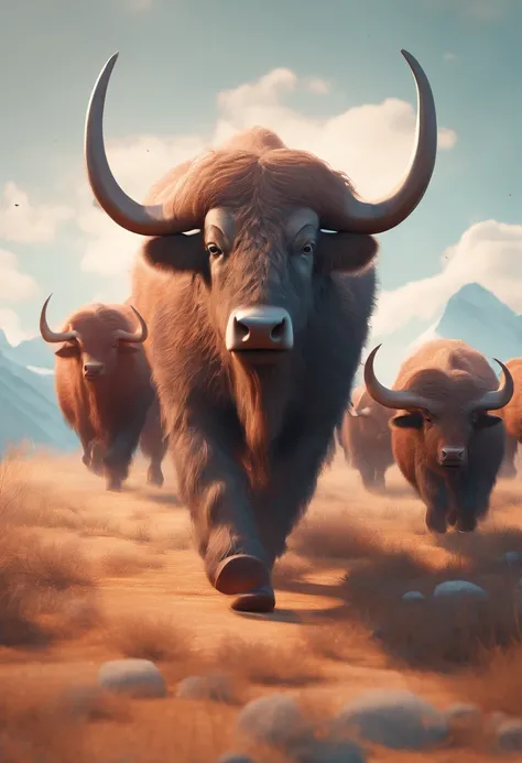 A dreamy, mystical portrayal of a frenzied wood buffalo stampede, painted in the ethereal Surrealist fashion. A minimalist, mono...