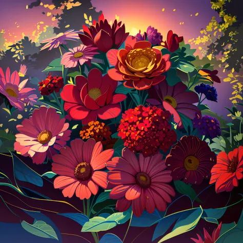 There is a drawing of a bouquet in the middle of the garden, Flower explosion, a magical colorful flower, floral environment, be...
