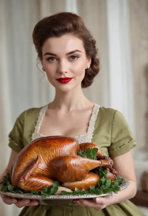 woman in retro 50s dress, holds tray with stuffed turkey, framing turkey close up, high quality photo,(medium close-up)