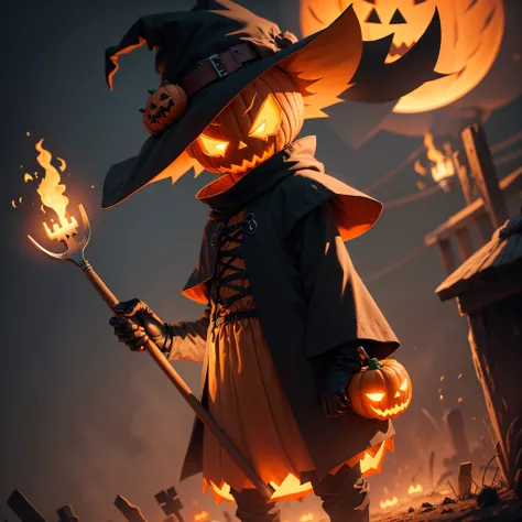 Halloween cartoon, cute pumpkin head, glowing eyes, wearing scare crow outfit, holding digging fork, black smoke Halloween backg...