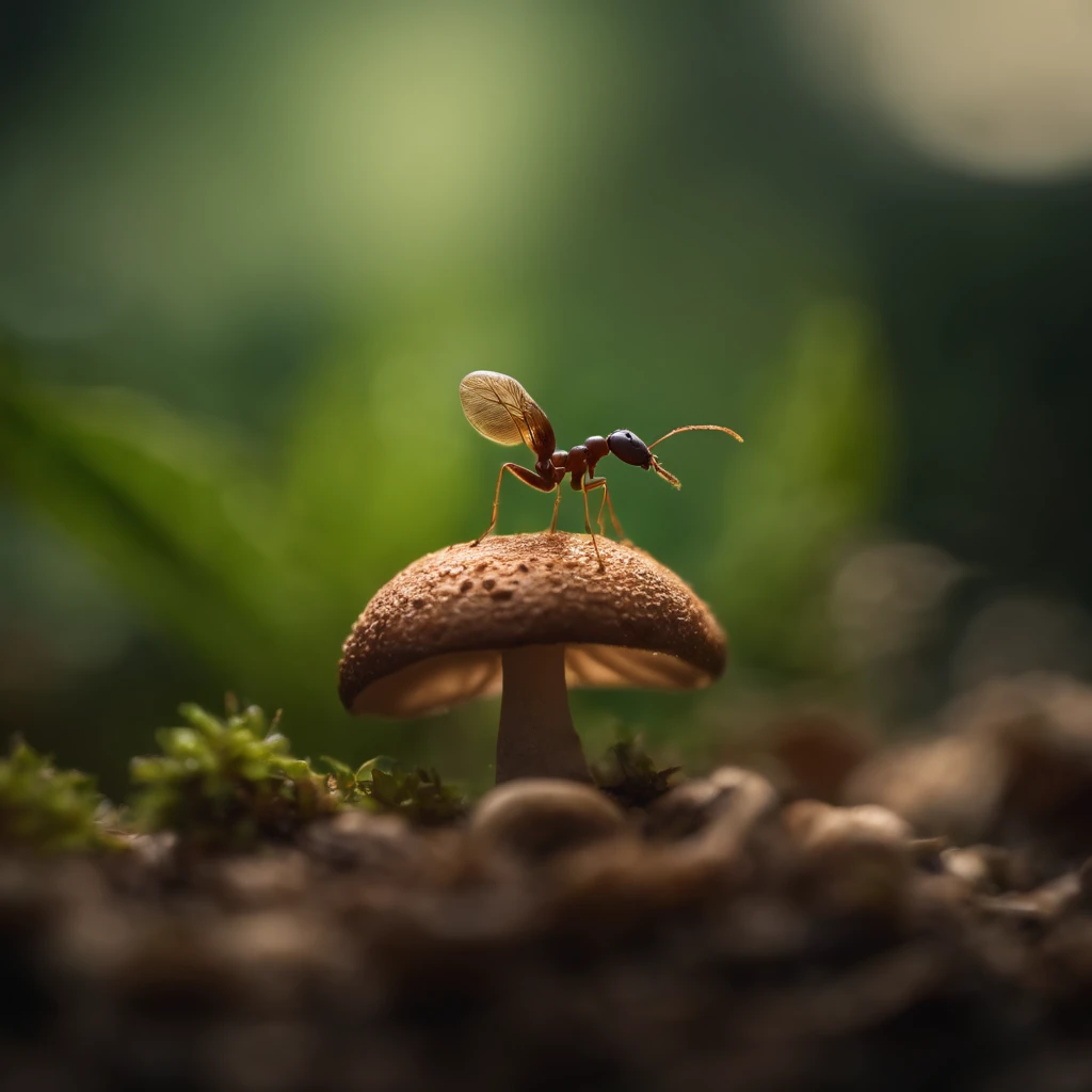 an ant on the top of mushroom