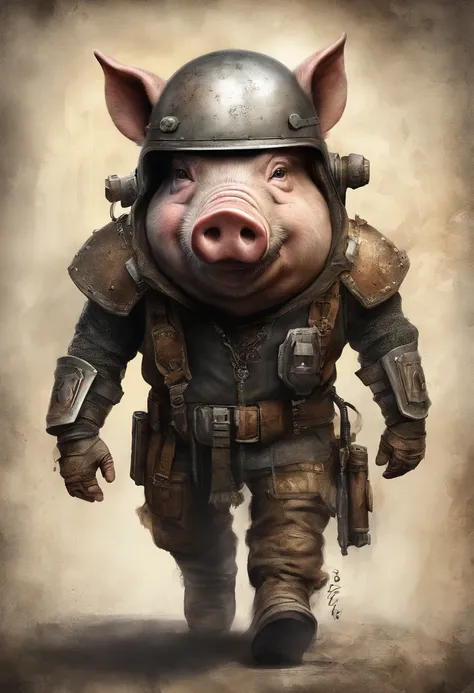 top-quality, Dramatic Lighting, menacing pose, fierce look, epic atmosphere, (((Helmet in the shape of a pigs head))), (((Full b...