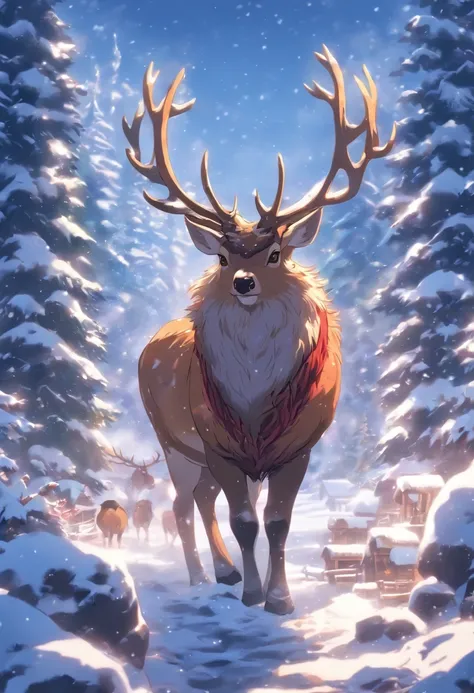 Winter scene，Illustration style，santa，elk，sled，Oyuki，The entire scene is covered in snow。