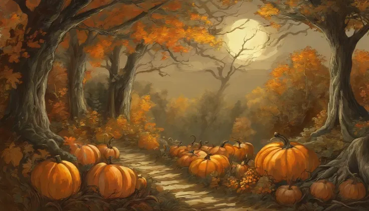 haunted forest, pathway through the tree, pumpkins on the ground, Moonlight through the trees, Asher Brown Durand, Camille Pissa...