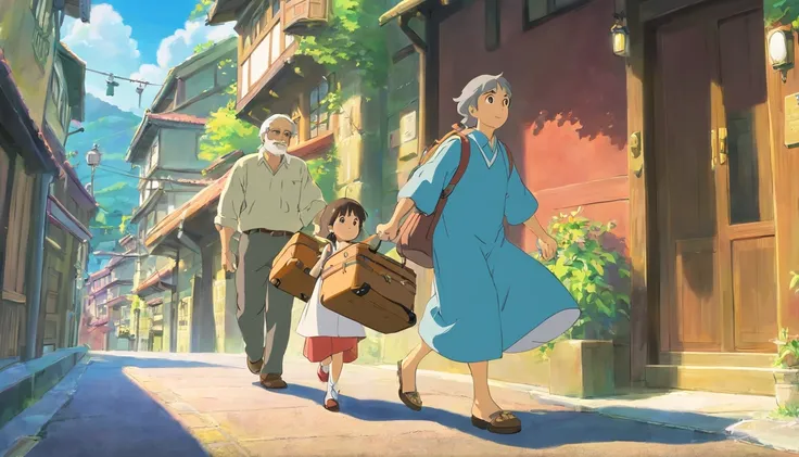 An uncle and daughter carry luggage，Just got off the bus，Return to your home town