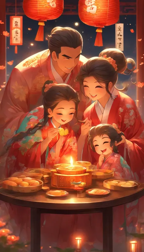 A family of three eating mooncakes，Happy expressions of parents and children，There are mooncakes on the table, Food in hand, The...