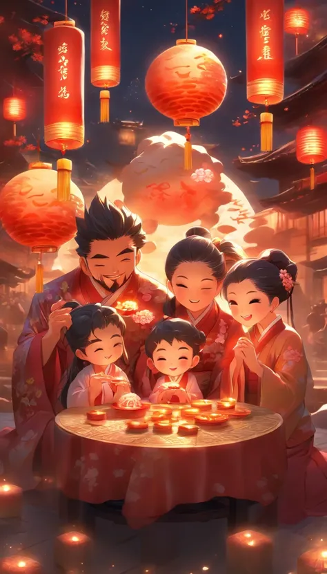 A family of three eating mooncakes，Happy expressions of parents and children，There are mooncakes on the table, Food in hand, The...