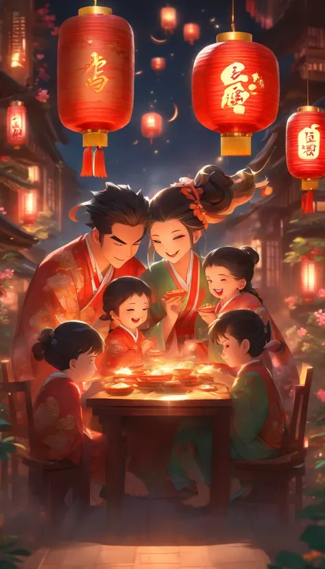 A family of three eating mooncakes，Happy expressions of parents and children，There are mooncakes on the table, Food in hand, The...